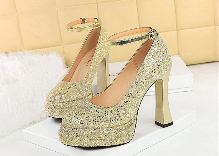 Sequins thick high-heeled shoes low platform for women