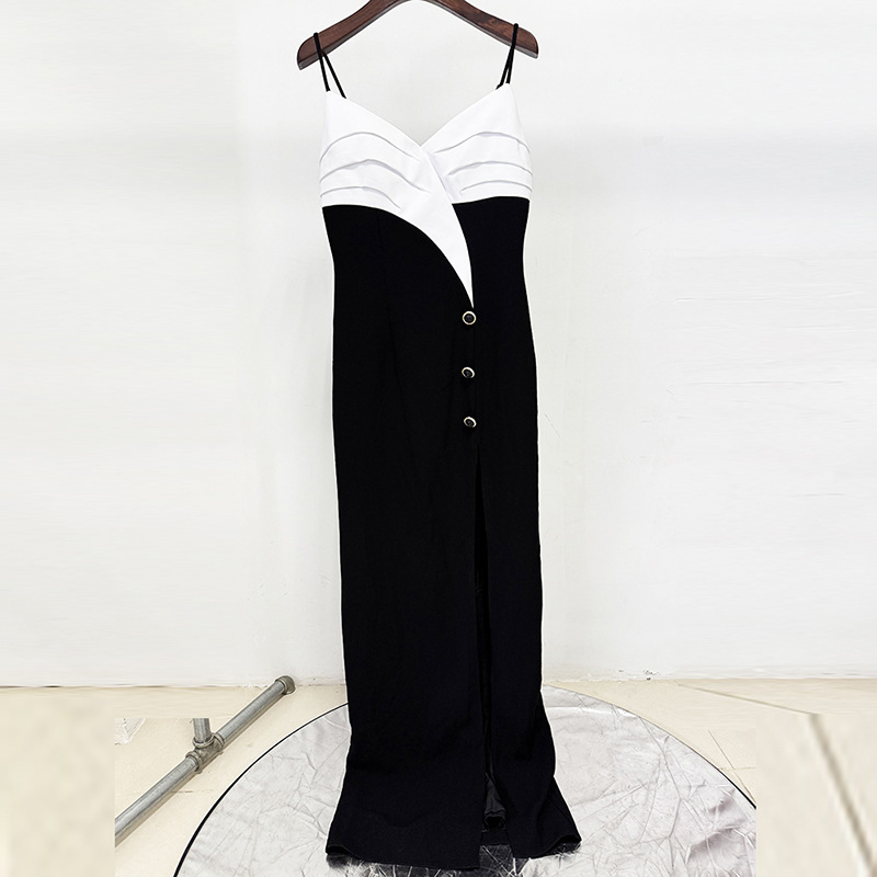 Black-white split long dress mixed colors dress