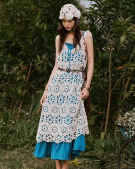 Retro spring and summer smock crochet peacock dress a set