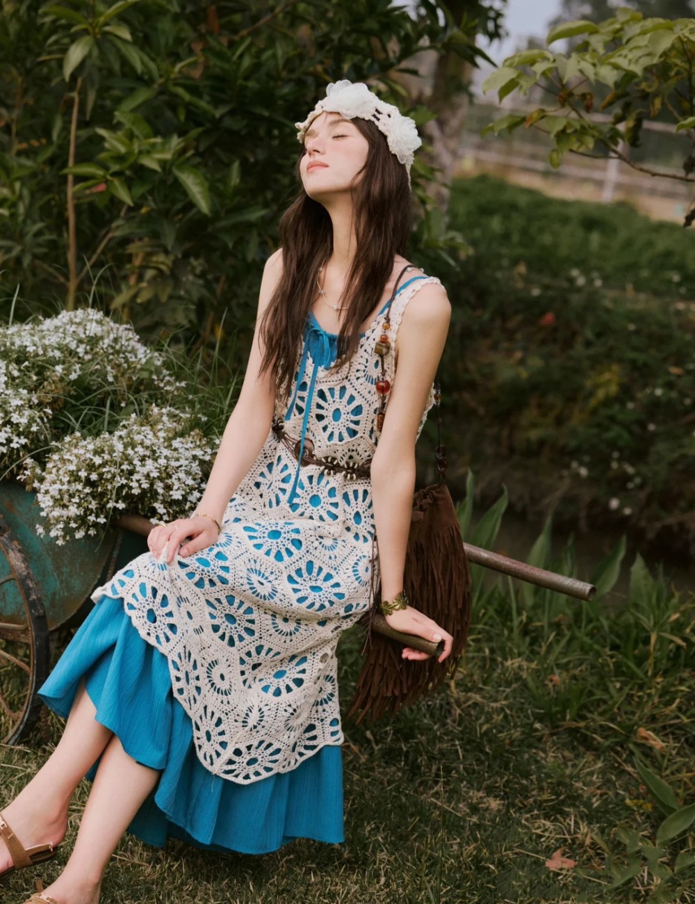 Retro spring and summer smock crochet peacock dress a set