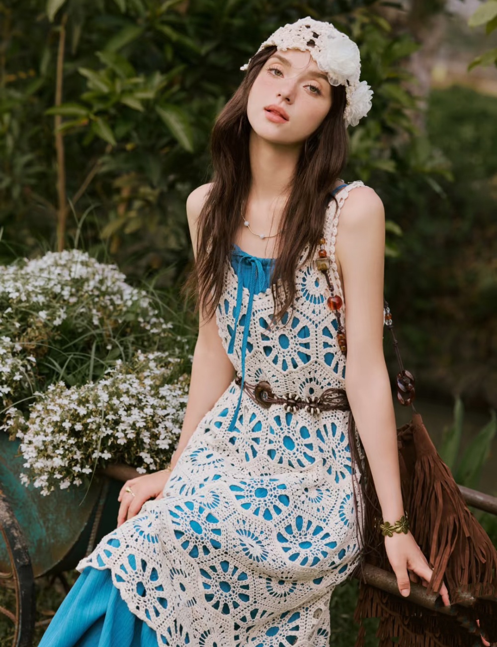 Retro spring and summer smock crochet peacock dress a set