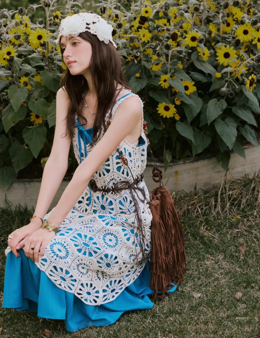 Retro spring and summer smock crochet peacock dress a set