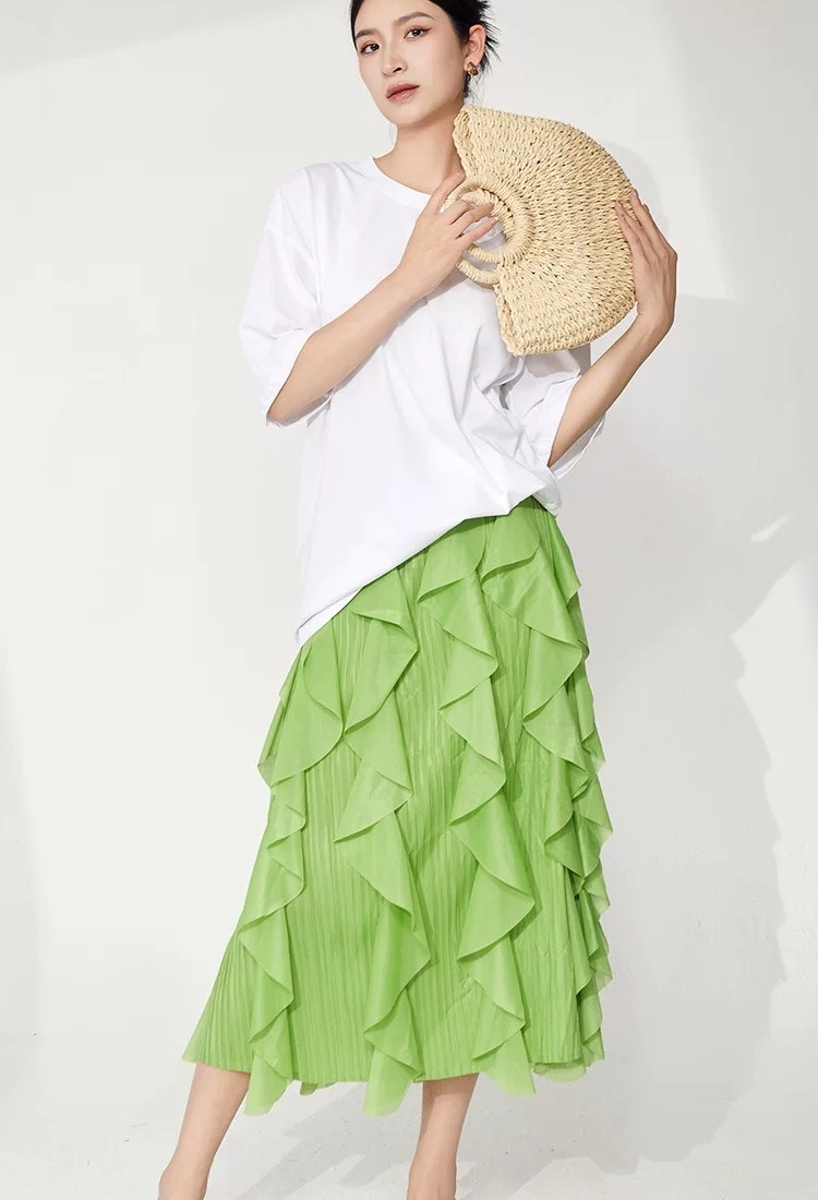 Lotus leaf edges fold skirt high waist irregular long dress