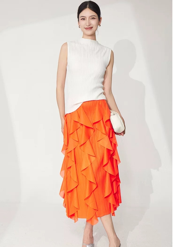 Lotus leaf edges fold skirt high waist irregular long dress