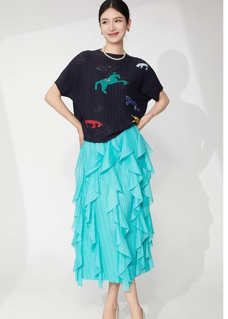 Lotus leaf edges fold skirt high waist irregular long dress