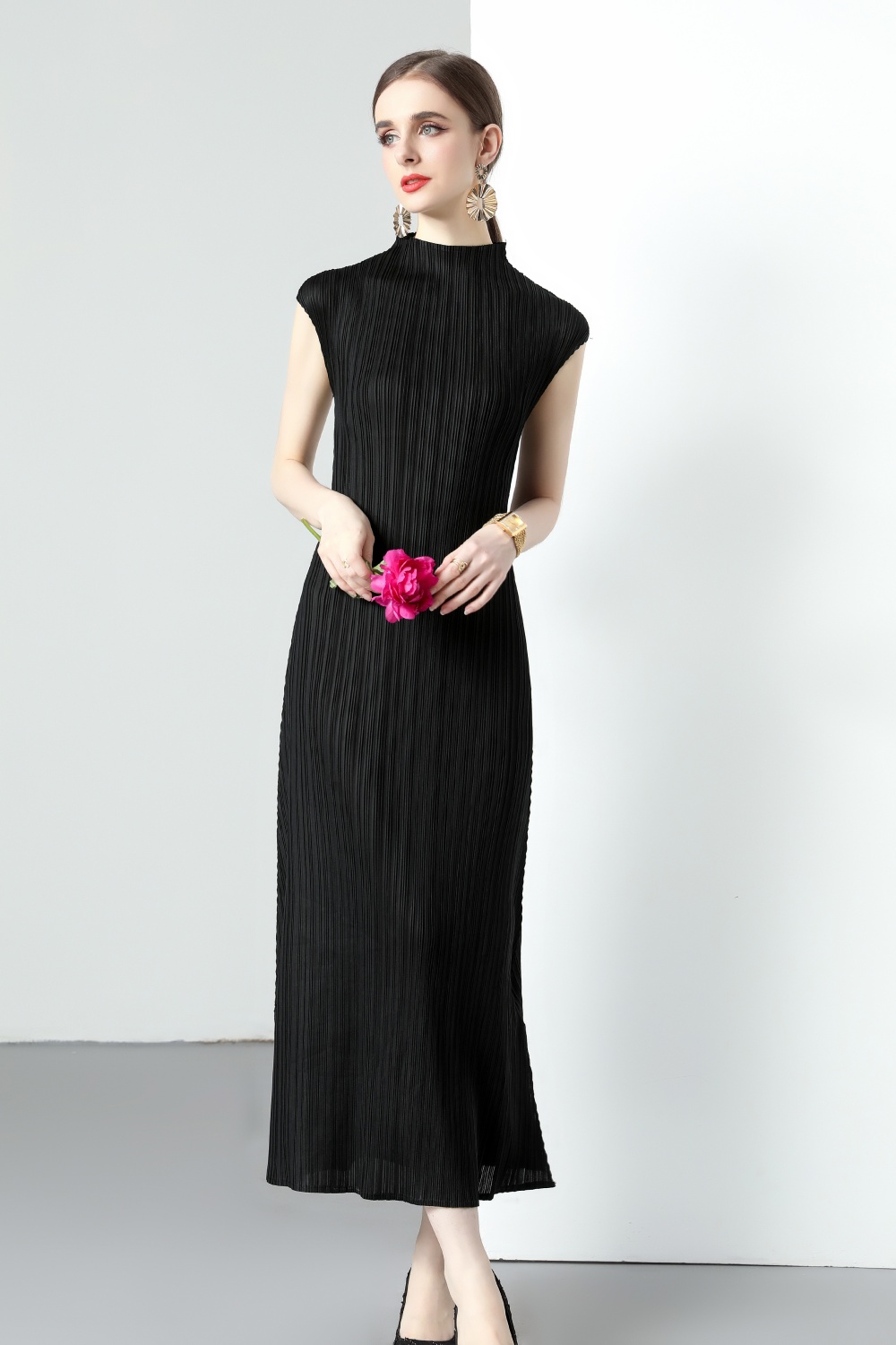 Fold half high collar dress pack shoulder long dress