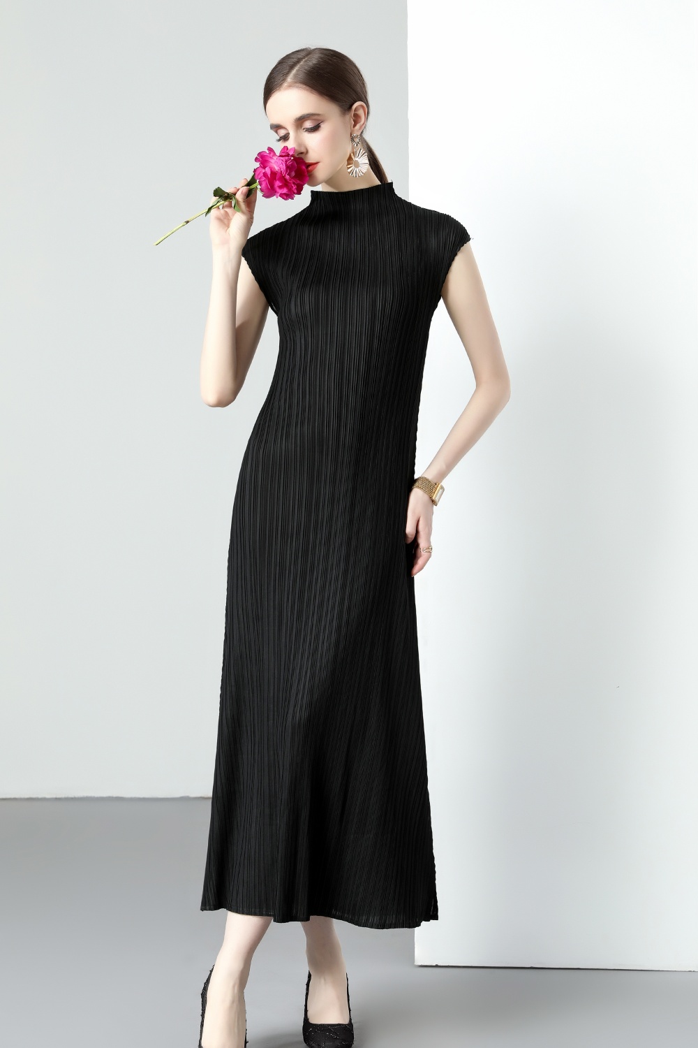 Fold half high collar dress pack shoulder long dress
