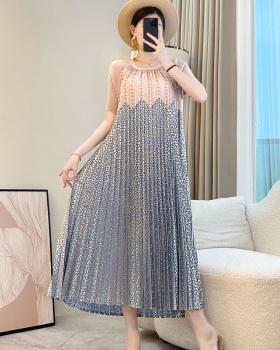 Printing fold beading dress show young summer long dress