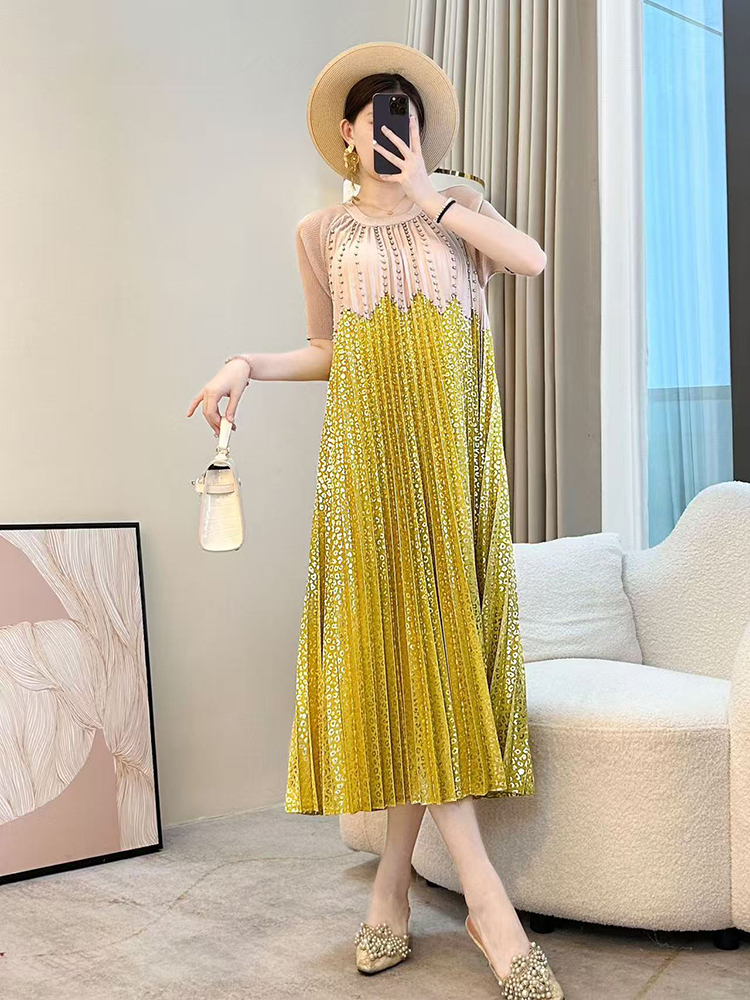 Printing fold beading dress show young summer long dress