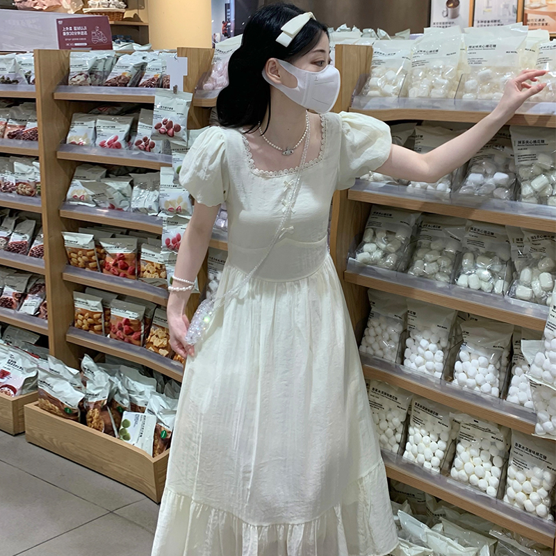 Retro France style temperament puff sleeve long dress