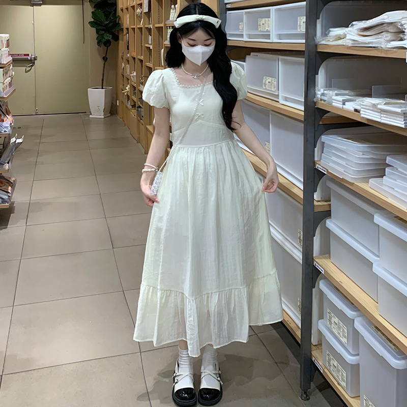 Retro France style temperament puff sleeve long dress