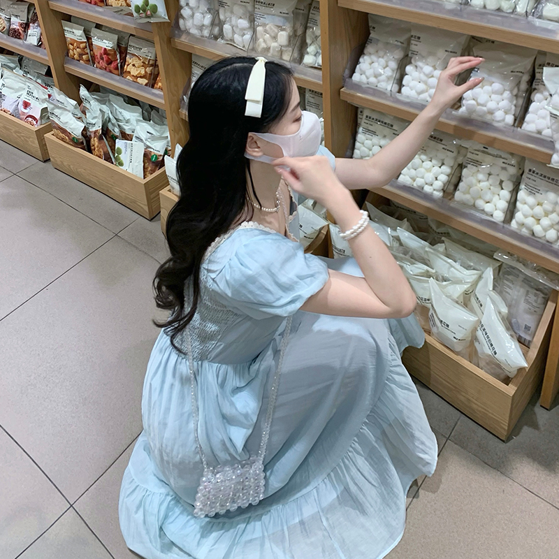 Retro France style temperament puff sleeve long dress