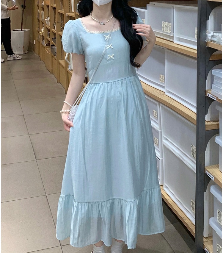Retro France style temperament puff sleeve long dress