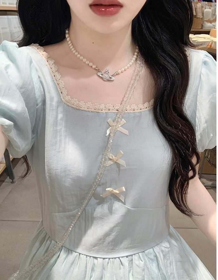 Retro France style temperament puff sleeve long dress