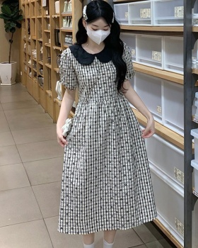 Puff sleeve frenum dress doll collar plaid long dress