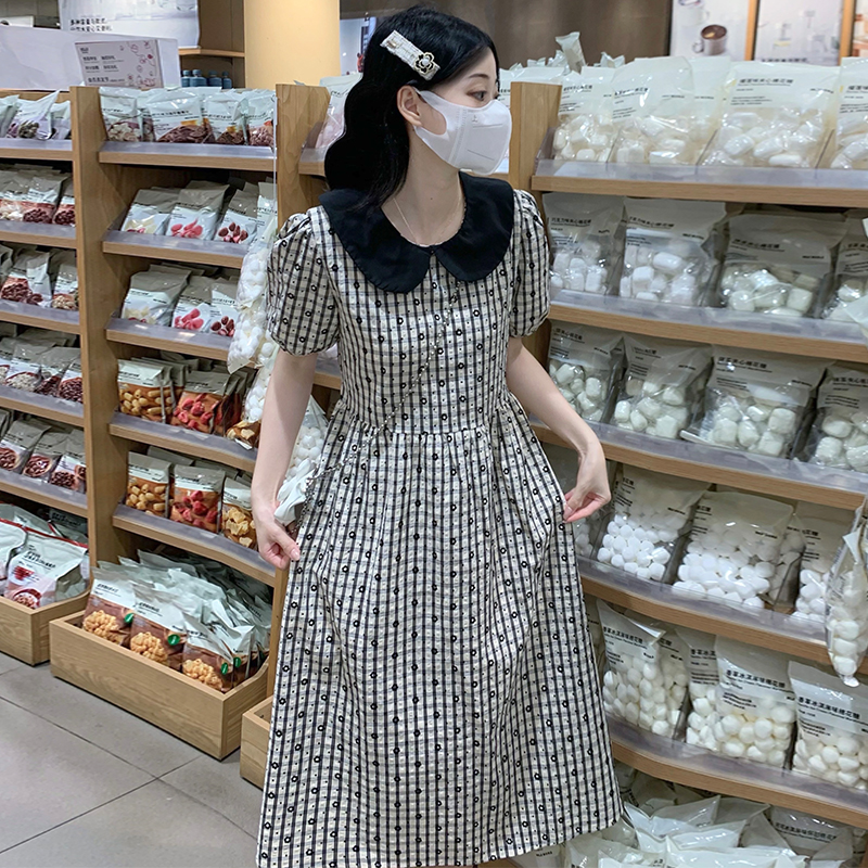 Puff sleeve frenum dress doll collar plaid long dress