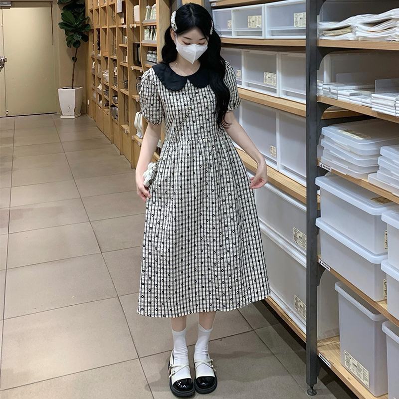 Puff sleeve frenum dress doll collar plaid long dress