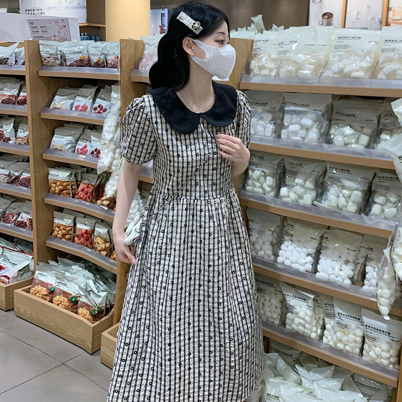 Puff sleeve frenum dress doll collar plaid long dress