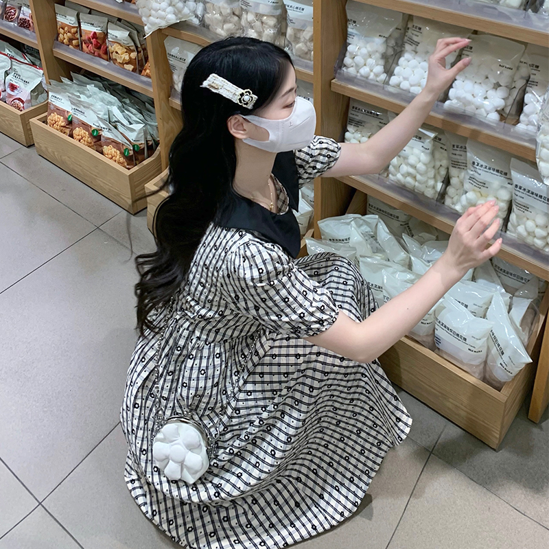 Puff sleeve frenum dress doll collar plaid long dress