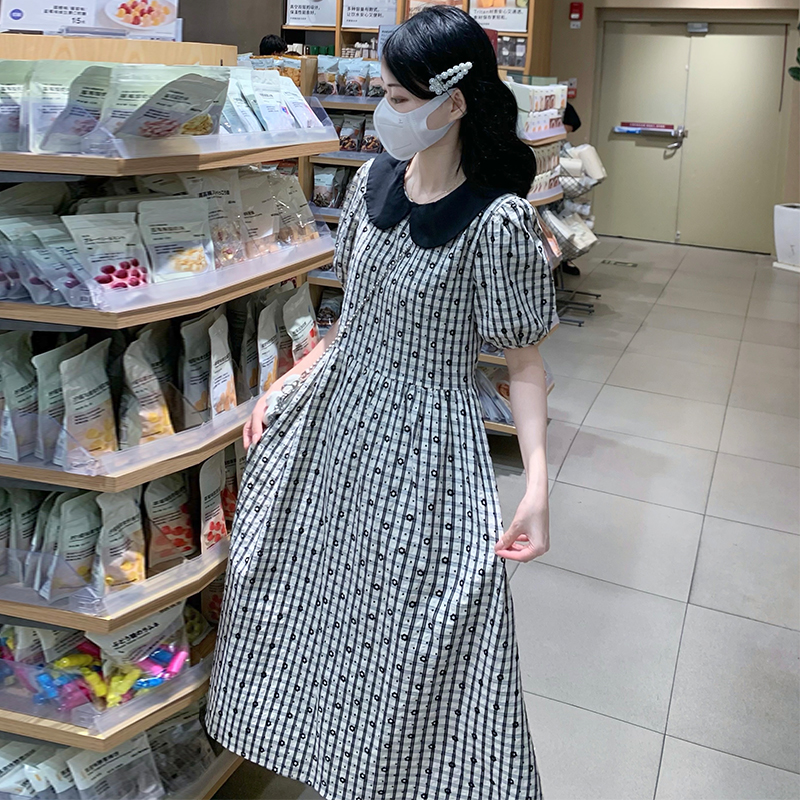 Puff sleeve frenum dress doll collar plaid long dress
