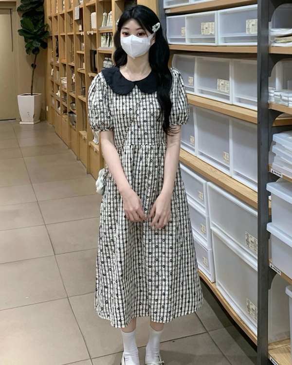 Puff sleeve frenum dress doll collar plaid long dress