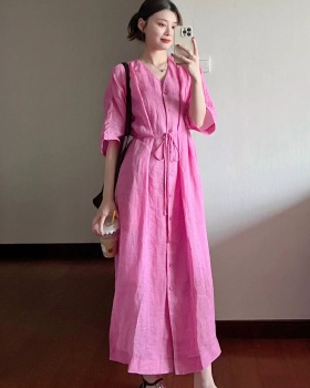 Summer slim cotton linen cardigan fine band loose shirt for women