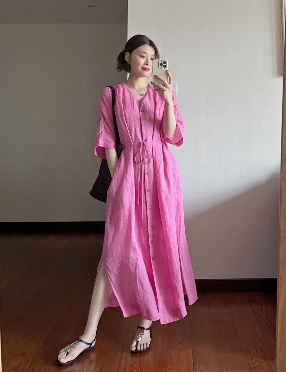 Summer slim cotton linen cardigan fine band loose shirt for women