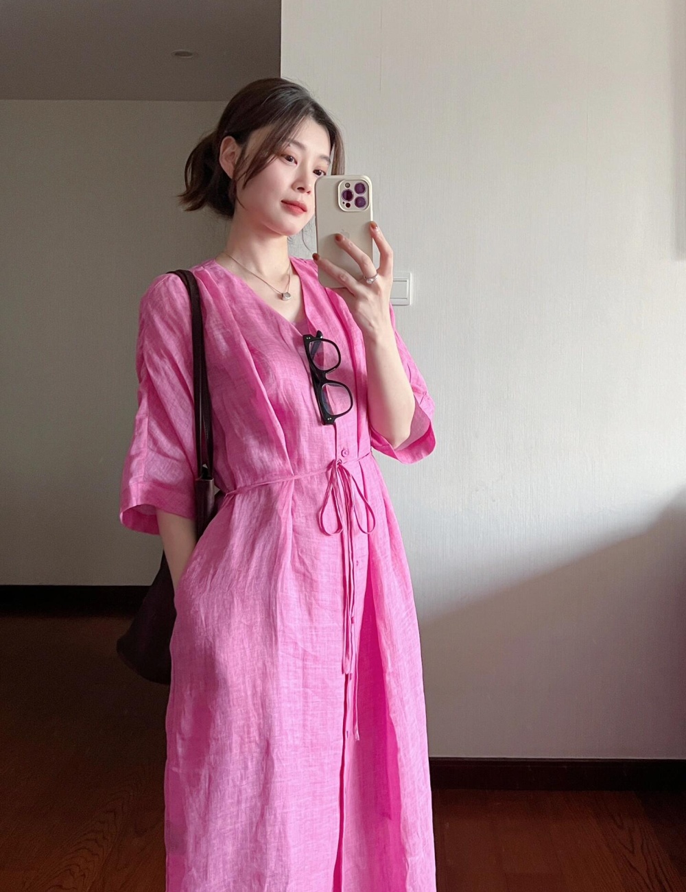 Summer slim cotton linen cardigan fine band loose shirt for women