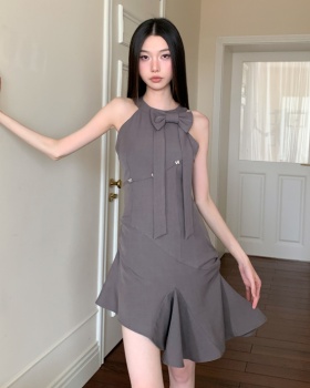 Fold back bow halter gray slim sleeveless dress
