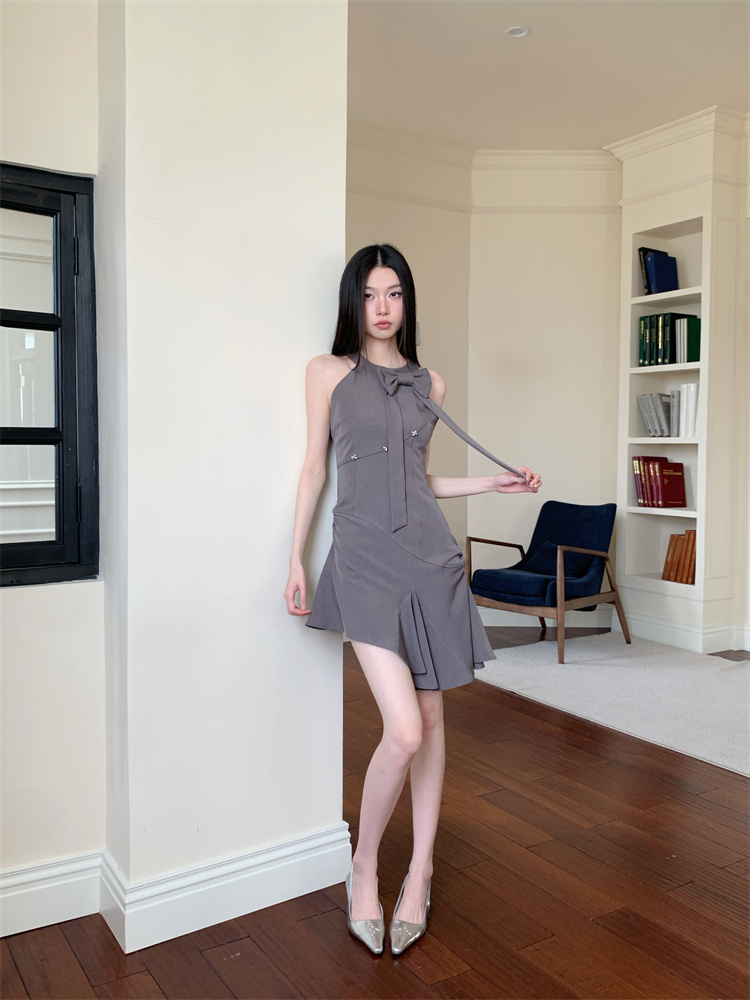 Fold back bow halter gray slim sleeveless dress