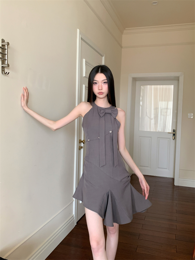 Fold back bow halter gray slim sleeveless dress