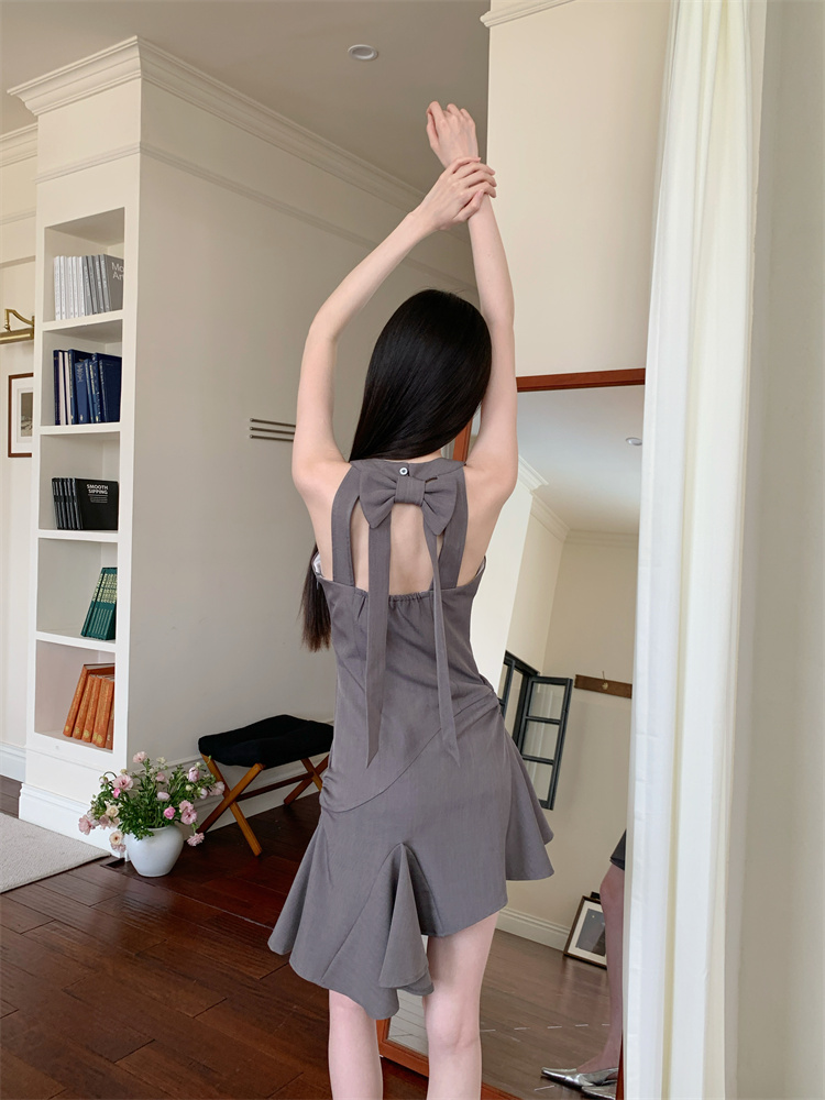 Fold back bow halter gray slim sleeveless dress