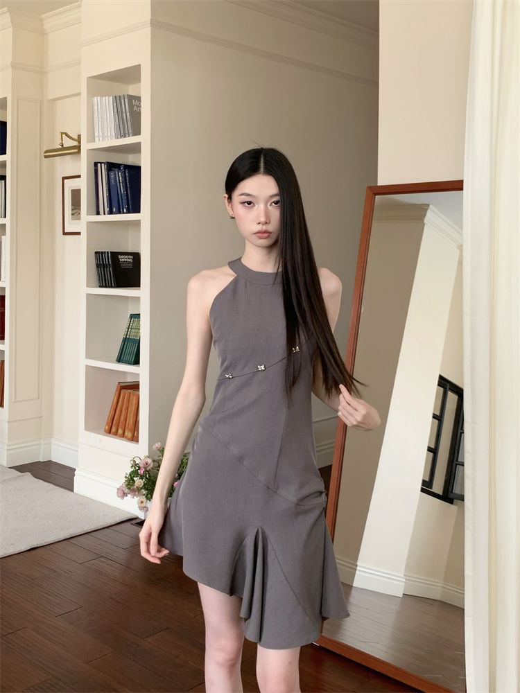 Fold back bow halter gray slim sleeveless dress