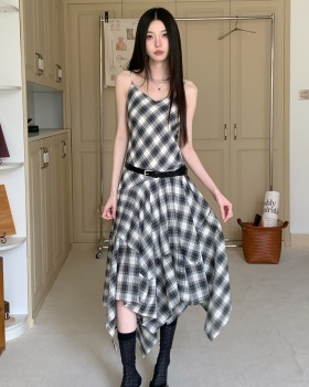 Irregular plaid sling retro dress