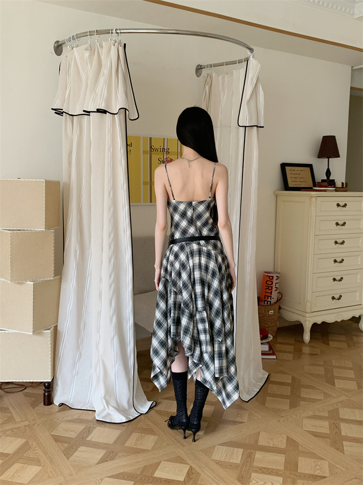 Irregular plaid sling retro dress