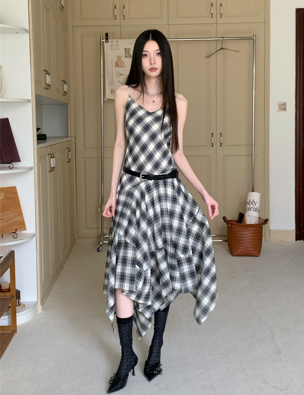 Irregular plaid sling retro dress