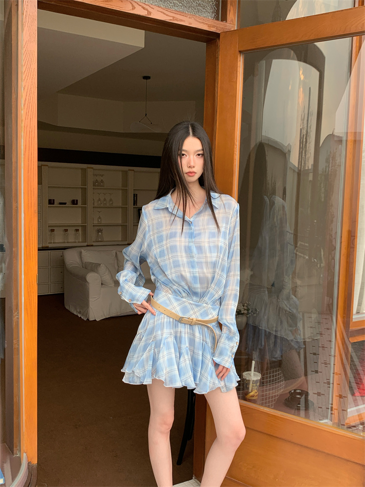 Loose pleated wood ear shirt niche lapel blue dress for women