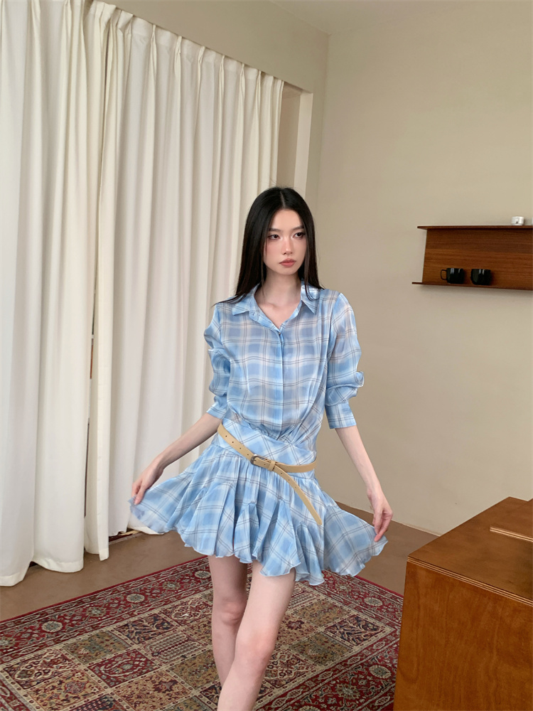 Loose pleated wood ear shirt niche lapel blue dress for women
