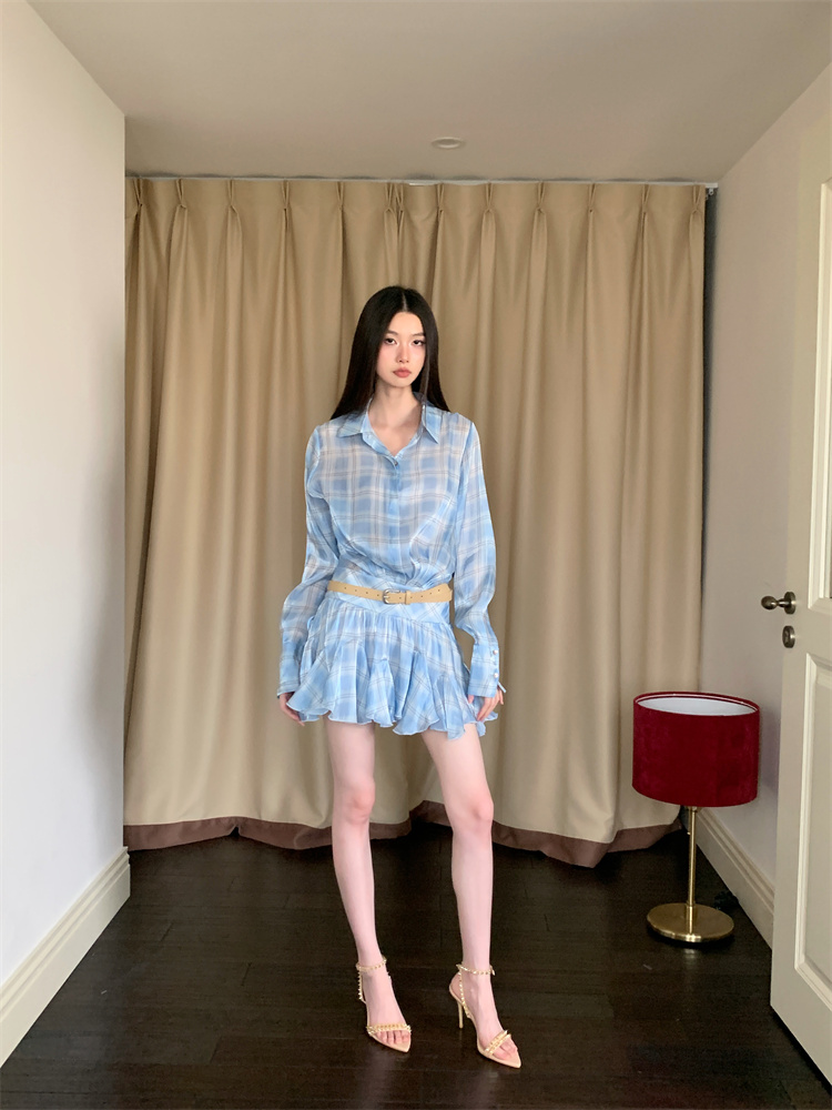 Loose pleated wood ear shirt niche lapel blue dress for women