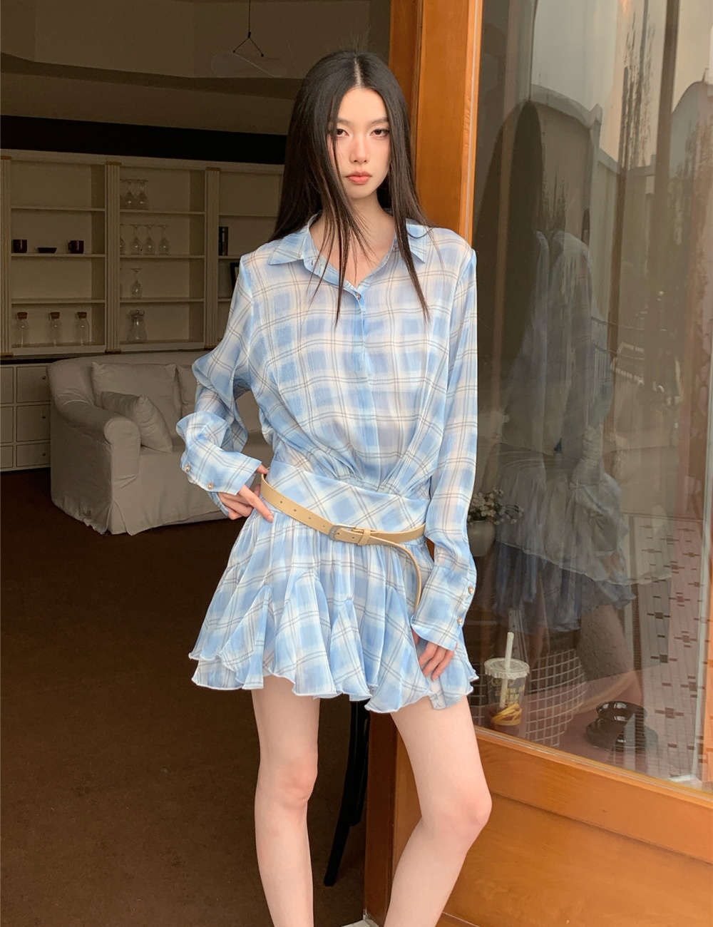Loose pleated wood ear shirt niche lapel blue dress for women