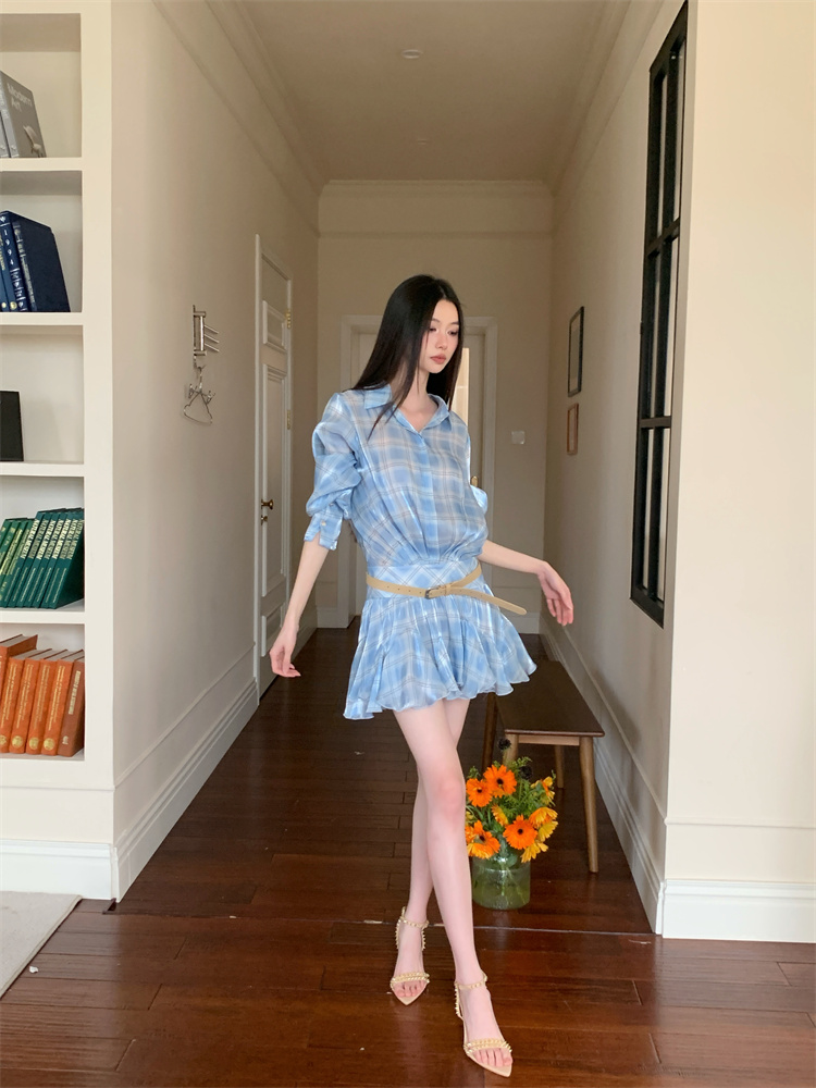Loose pleated wood ear shirt niche lapel blue dress for women