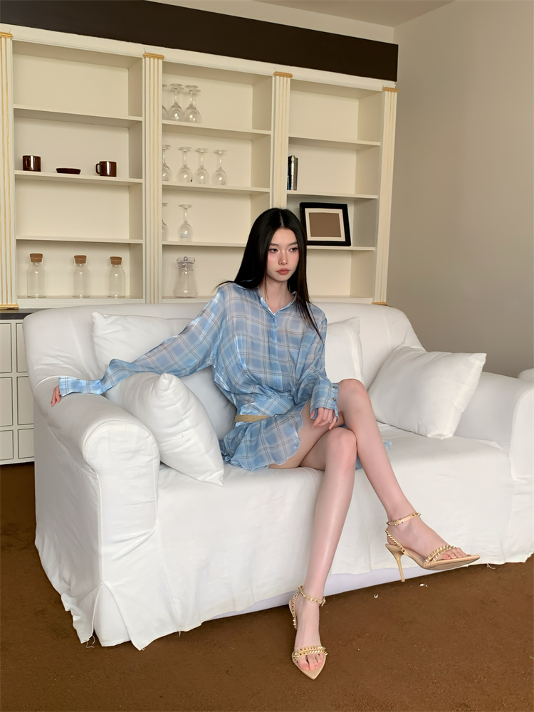 Loose pleated wood ear shirt niche lapel blue dress for women