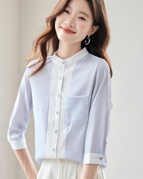 All-match cstand collar short sleeve shirt white blue tops