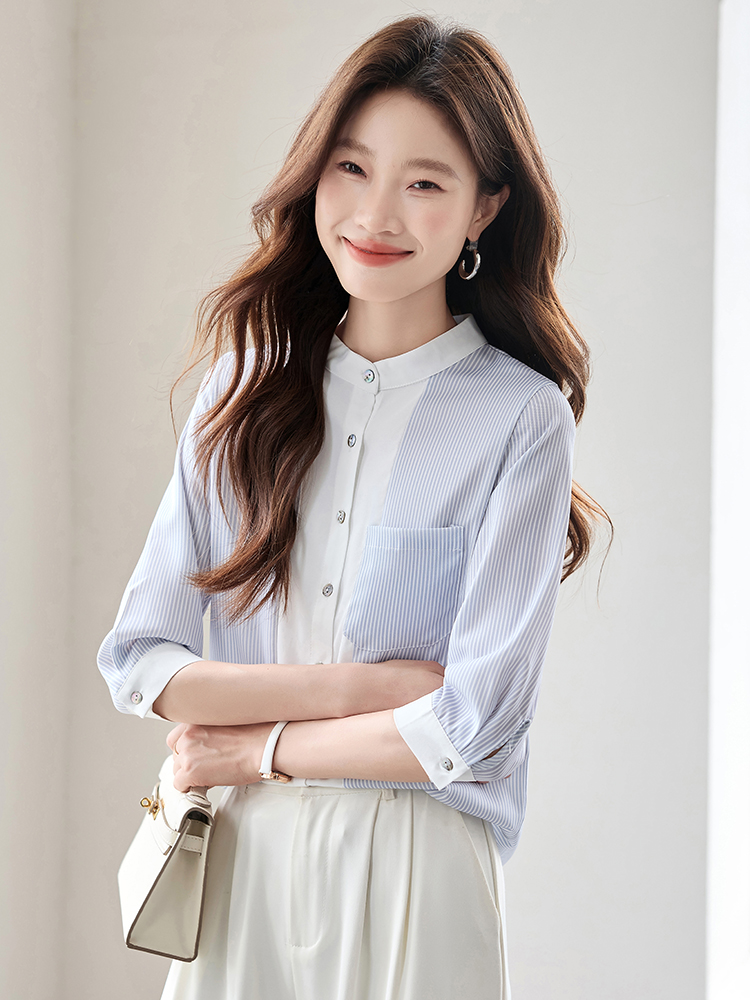 All-match cstand collar short sleeve shirt white blue tops