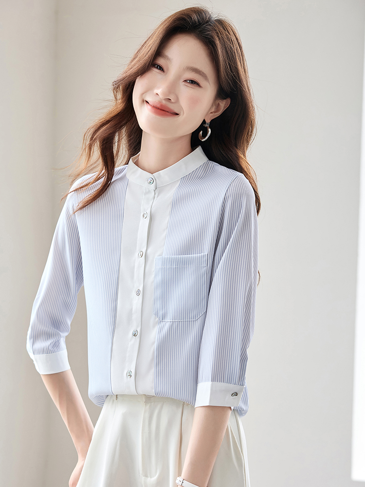 All-match cstand collar short sleeve shirt white blue tops