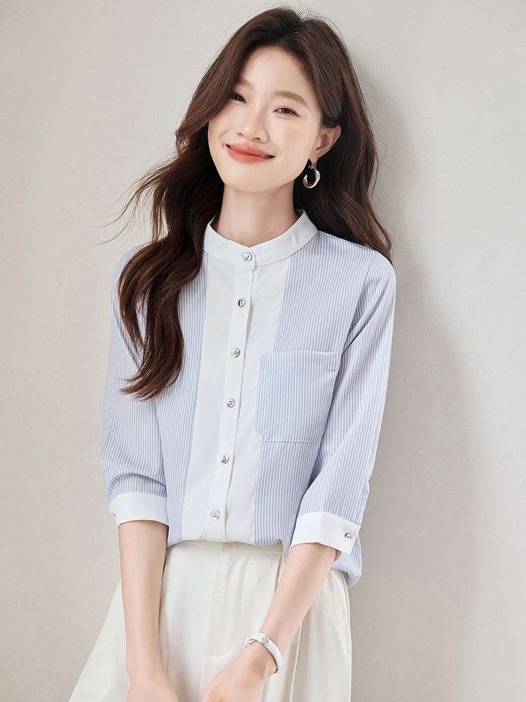All-match cstand collar short sleeve shirt white blue tops