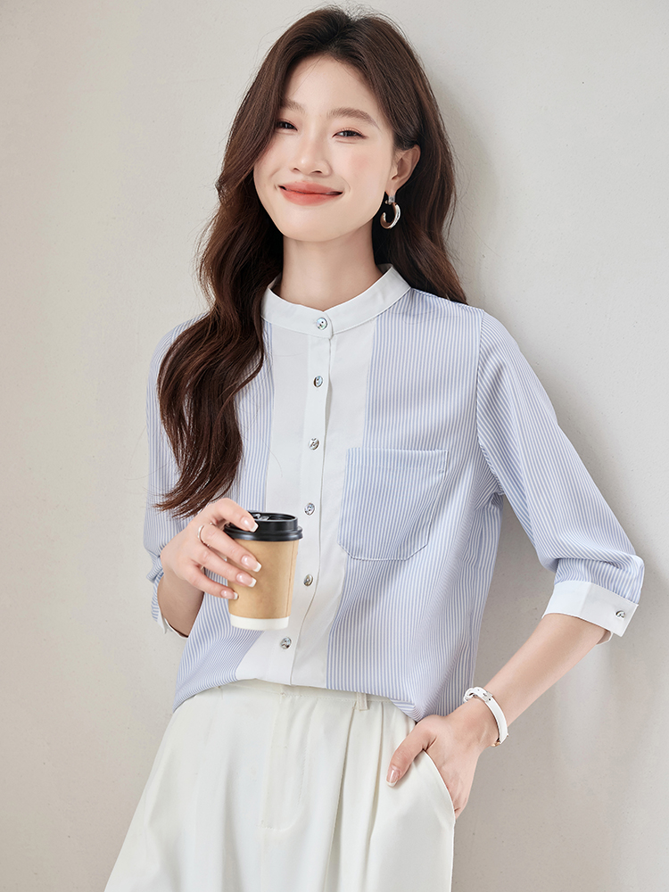 All-match cstand collar short sleeve shirt white blue tops