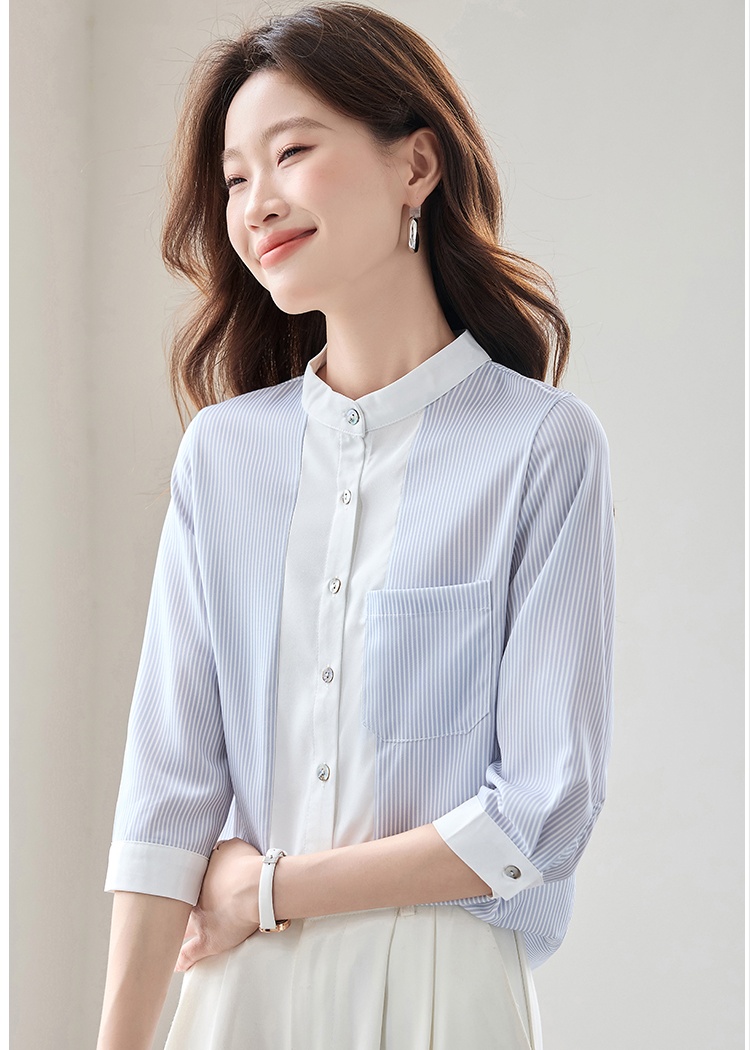 All-match cstand collar short sleeve shirt white blue tops