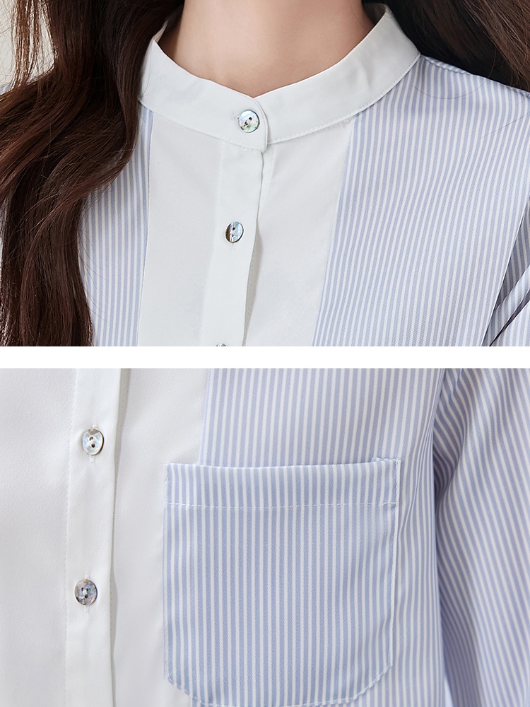 All-match cstand collar short sleeve shirt white blue tops