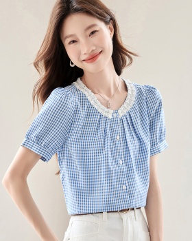 Plaid blue shirt lace collar small shirt for women